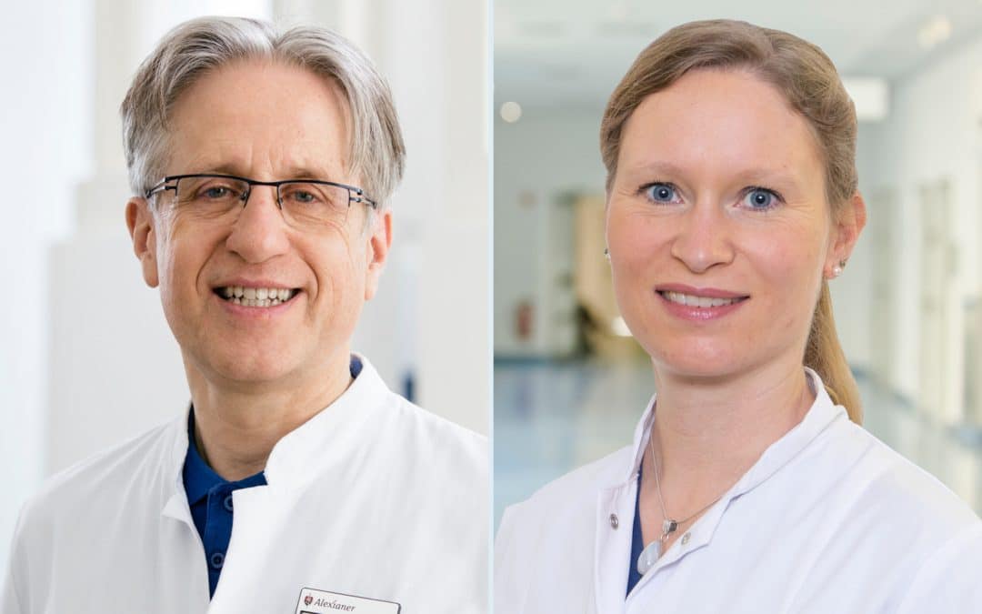 Dr. Peter Kalvari (l.) und Dr. Carolin Weßling (r.) berichten online über aktuelle Entwicklungen in ihren jeweiligen medizinischen Fachgebieten.